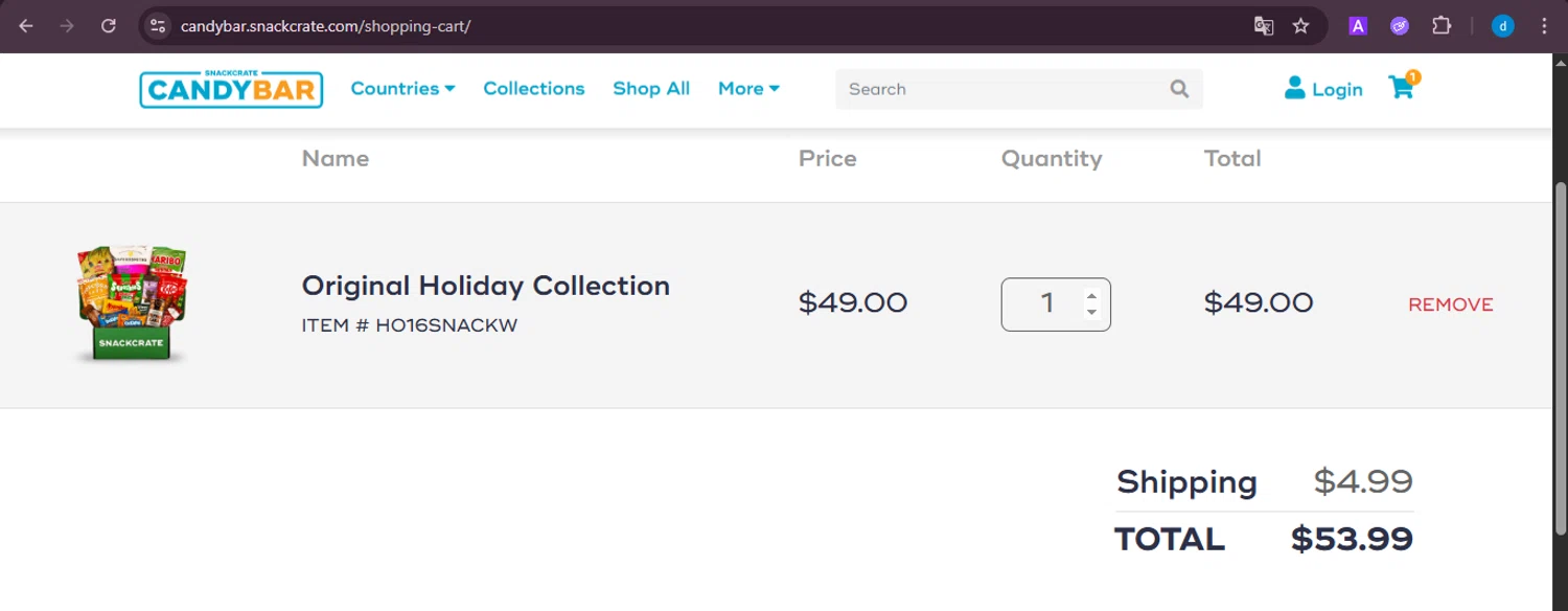 SnackCrate promo code screenshot showing code FiveOffSC applied at SnackCrate checkout page. Uploaded by SimplyCodes community member ShieldKnight4744 on Dec 4, 2025