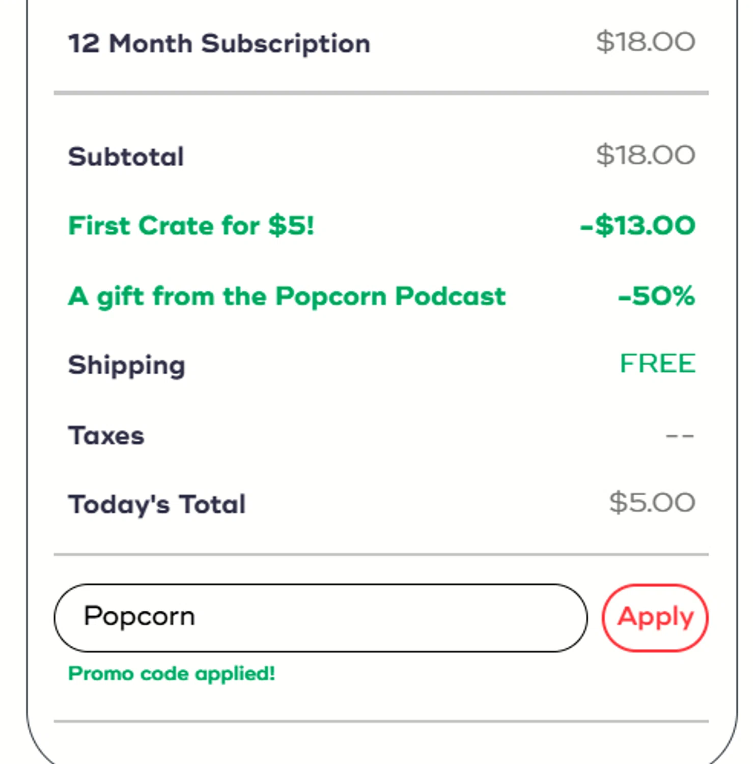 SnackCrate promo code screenshot showing code Popcorn applied at SnackCrate checkout page. Uploaded by SimplyCodes community member a2d2c2d211 on Dec 3, 2025