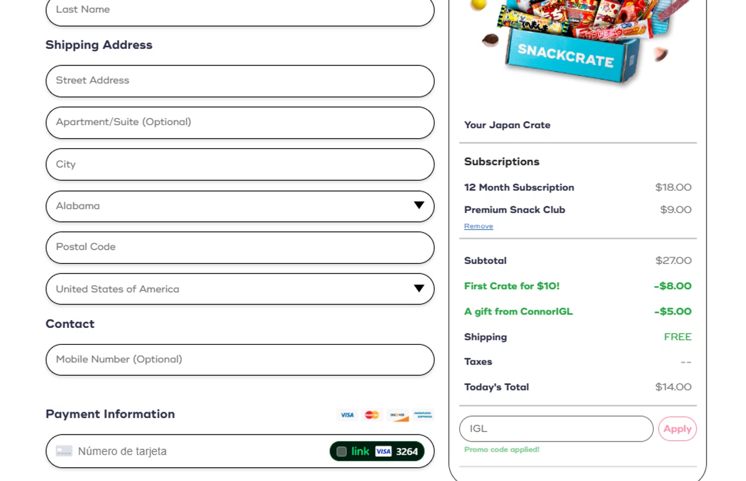 SnackCrate promo code screenshot showing code IGL applied at SnackCrate checkout page. Uploaded by SimplyCodes community member ashe1986 on Nov 4, 2025