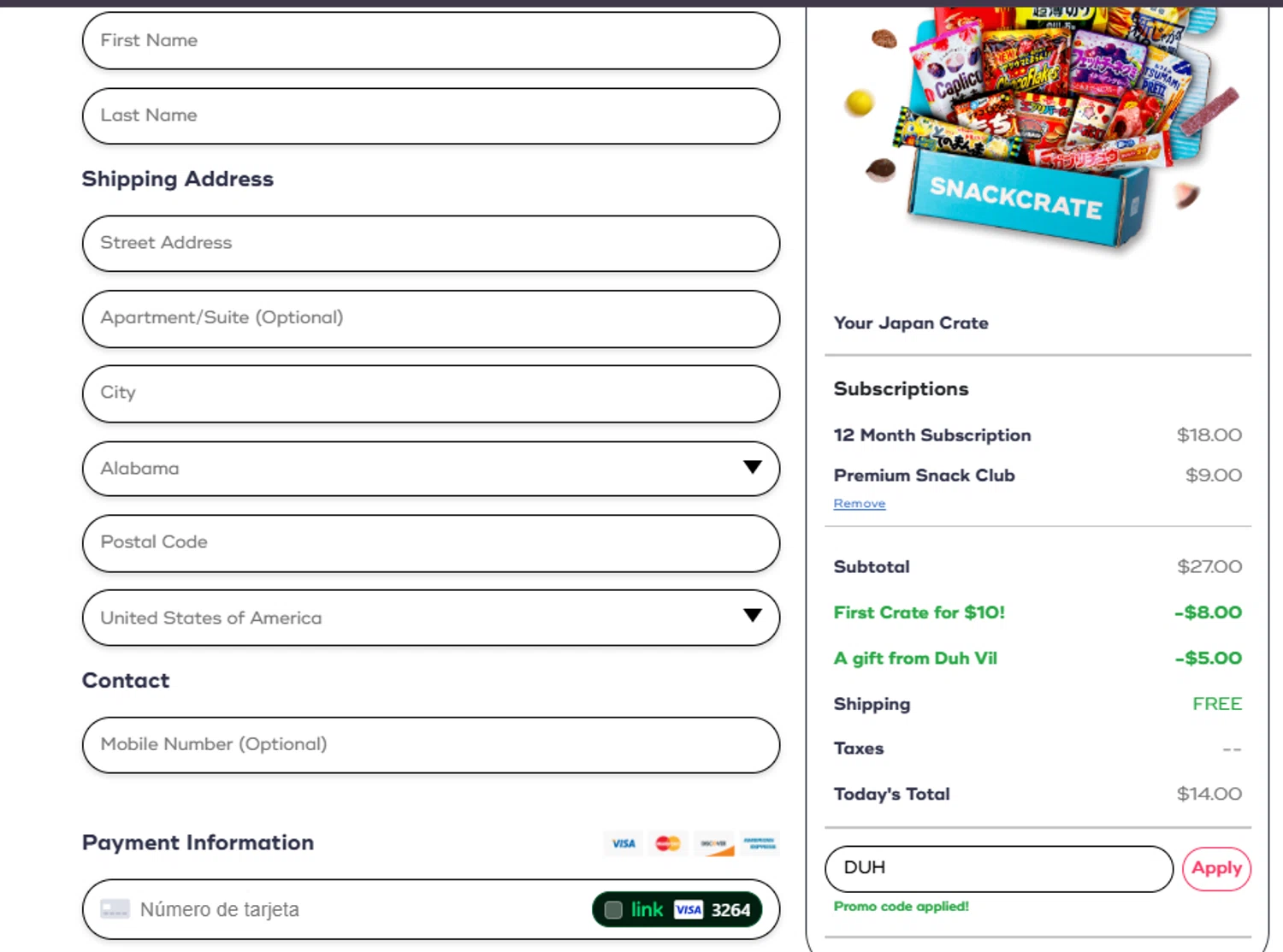 SnackCrate promo code screenshot showing code DUH applied at SnackCrate checkout page. Uploaded by SimplyCodes community member ashe1986 on Nov 4, 2025