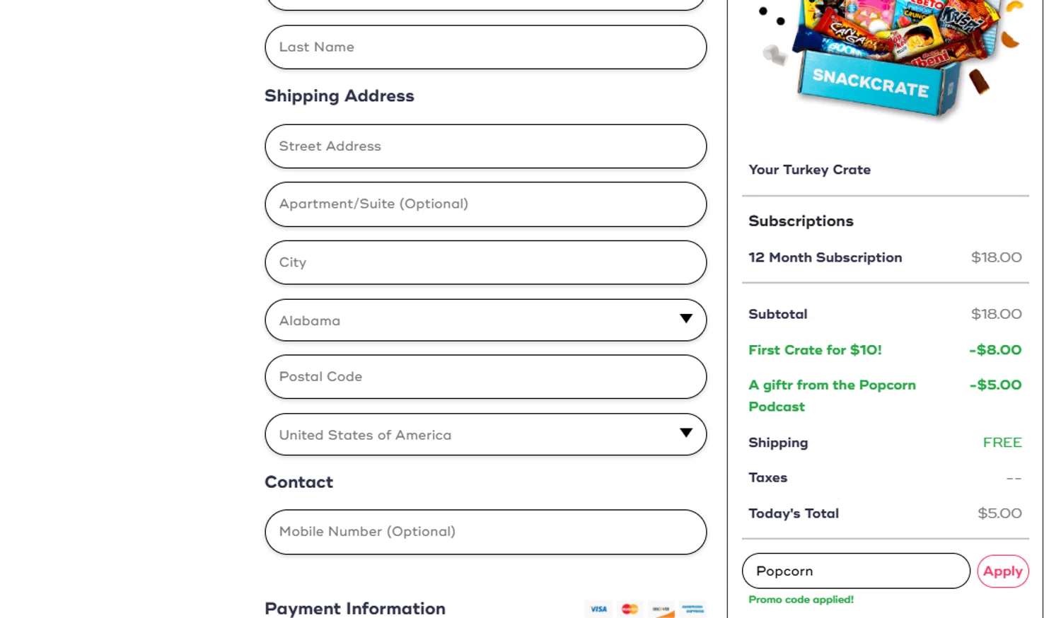 SnackCrate promo code screenshot showing code Popcorn applied at SnackCrate checkout page. Uploaded by SimplyCodes community member ashe1986 on Nov 4, 2025