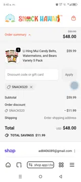 SNACKS20 coupon verification screenshot
