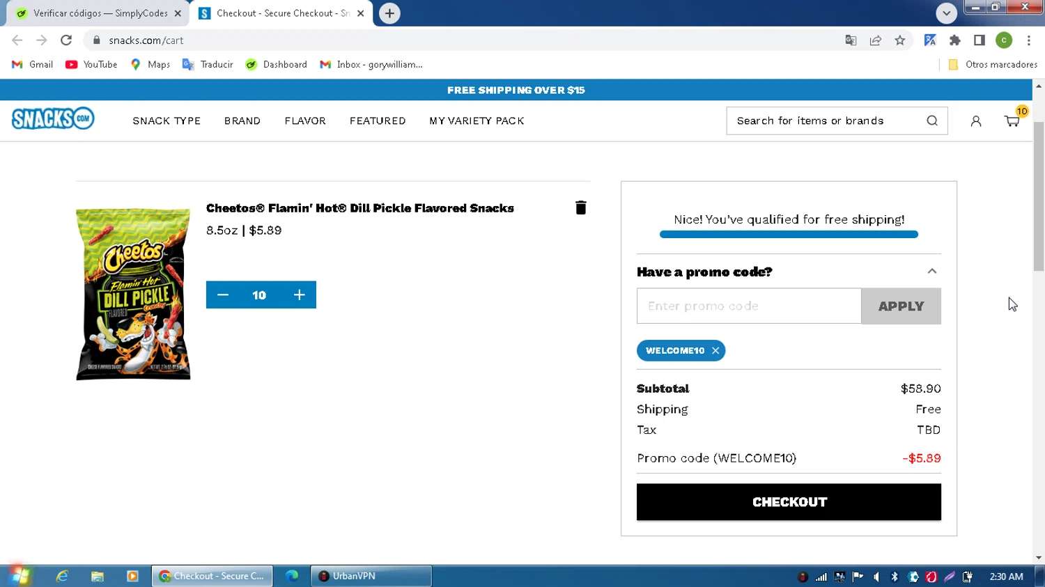 Snacks.com promo code screenshot showing code WELCOME10 applied at Snacks.com checkout page. Uploaded by SimplyCodes community member MagnificentPilot8371 on Jun 28, 2025
