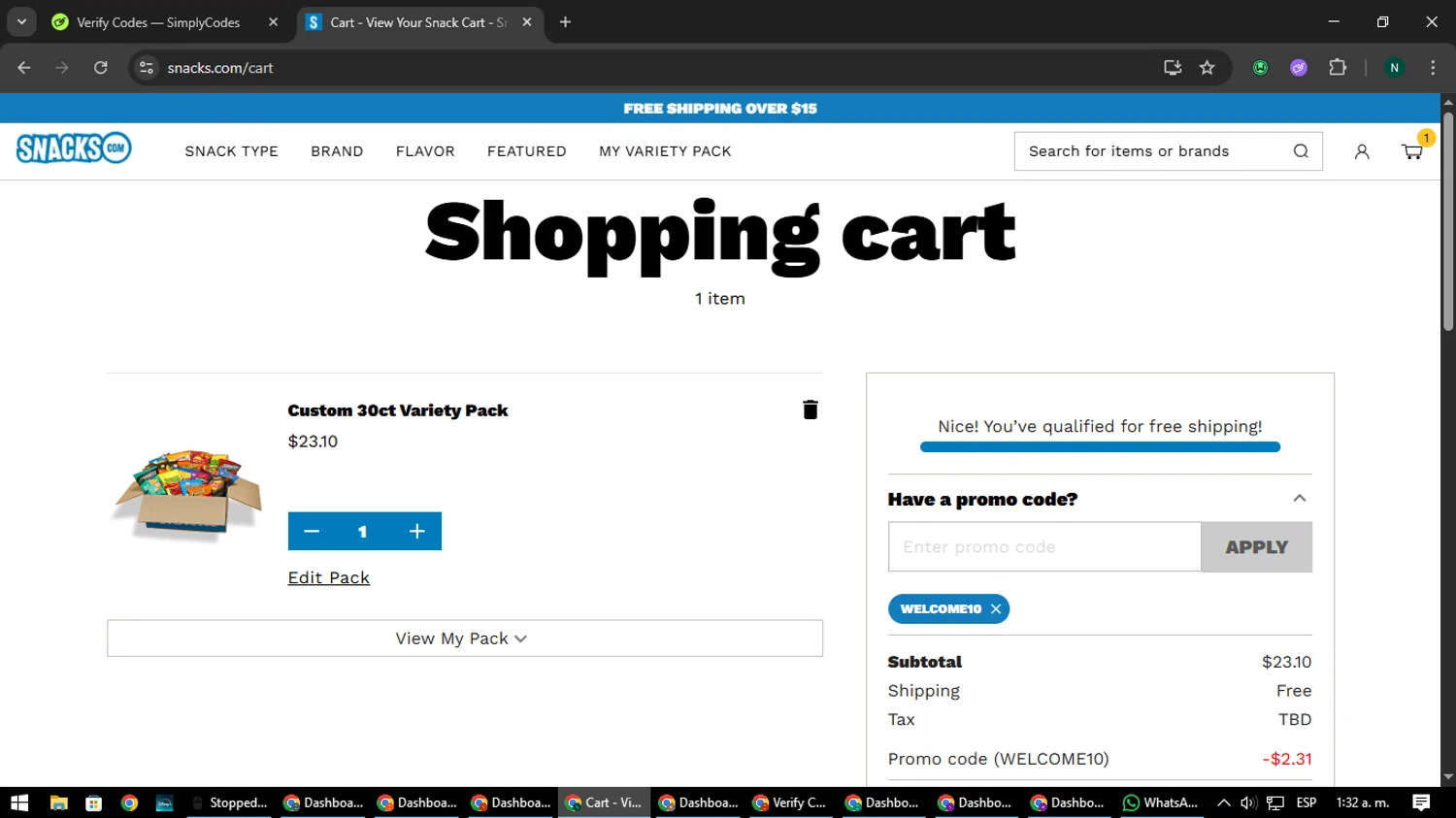 Snacks.com promo code screenshot showing code WELCOME10 applied at Snacks.com checkout page. Uploaded by SimplyCodes community member nataaokiiii on Jun 21, 2025