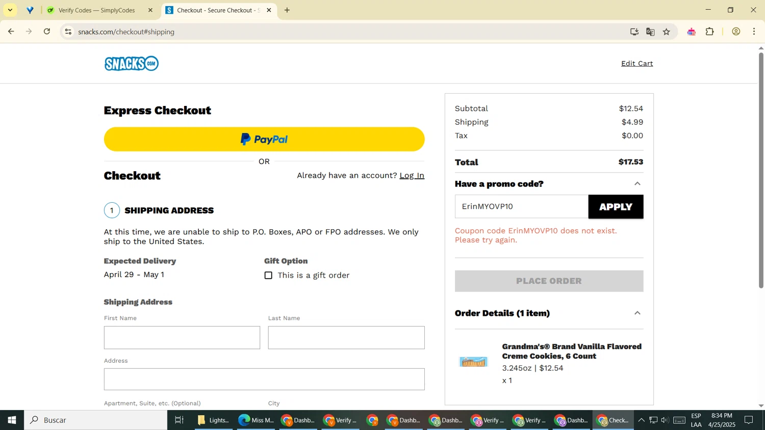 Snacks.com promo code screenshot showing code ErinMYOVP10 applied at Snacks.com checkout page. Uploaded by SimplyCodes community member ShrewdDefender8007 on Apr 26, 2025