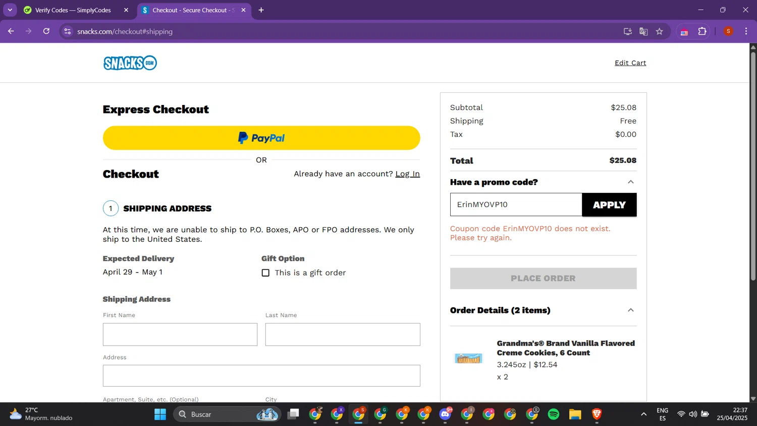 Snacks.com promo code screenshot showing code ErinMYOVP10 applied at Snacks.com checkout page. Uploaded by SimplyCodes community member PrimeTracker2179 on Apr 26, 2025