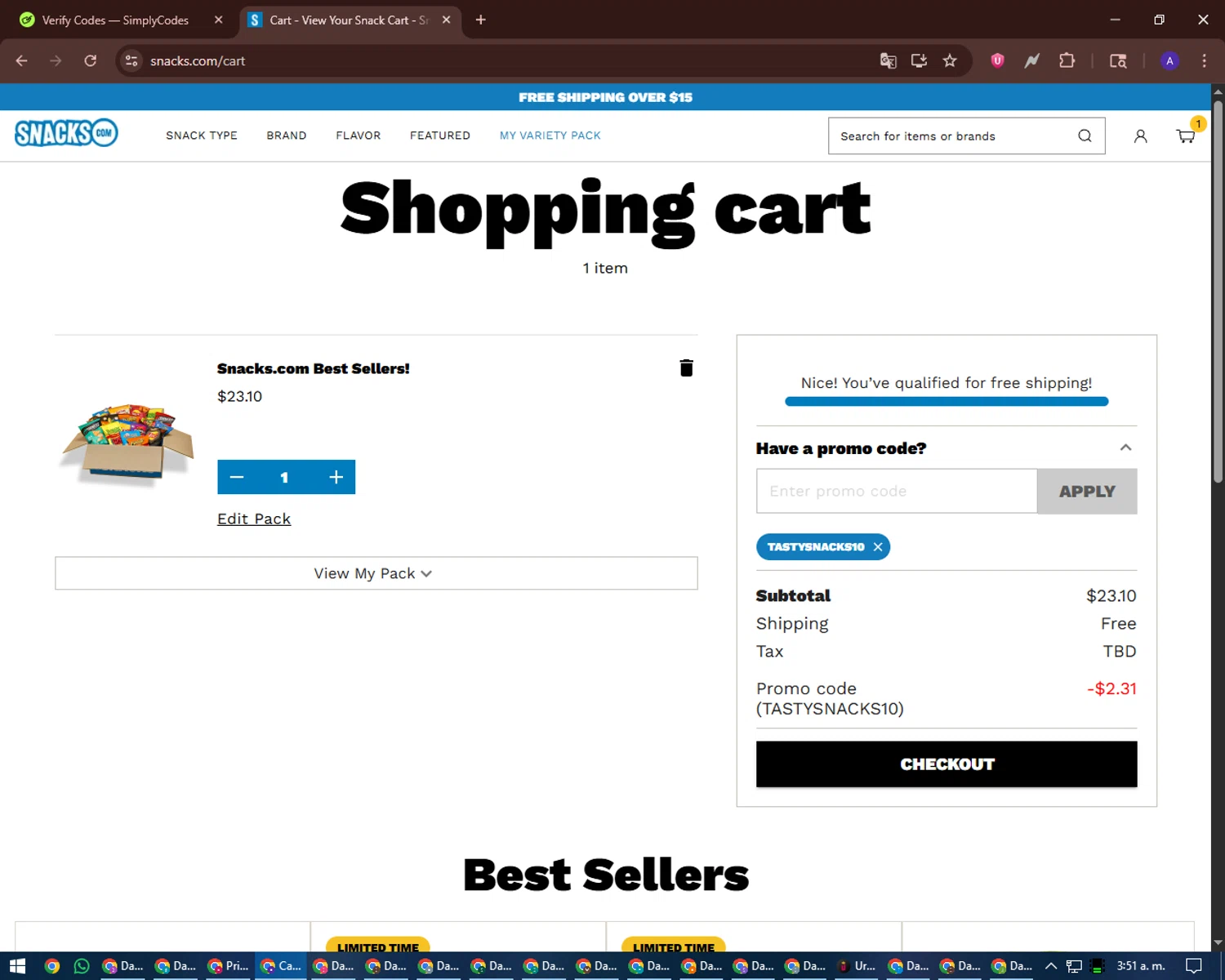 Snacks.com checkout page showing Snacks.com promo code box | Screenshot taken by SimplyCodes community member on Jan 29, 2026