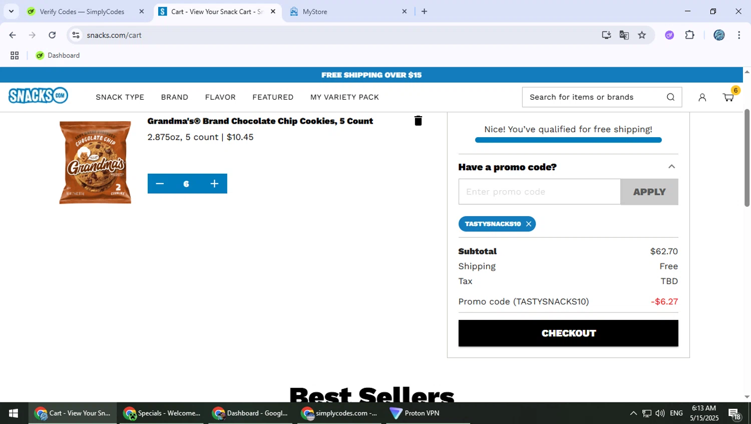 Snacks.com promo code screenshot showing code TASTYSNACKS10 applied at Snacks.com checkout page. Uploaded by SimplyCodes community member PokeGOAT on May 15, 2025