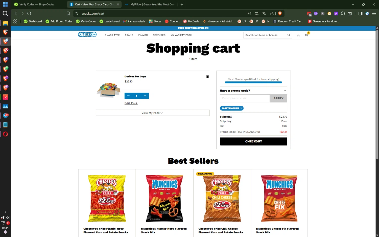 Snacks.com promo code screenshot showing code TASTYSNACKS10 applied at Snacks.com checkout page. Uploaded by SimplyCodes community member SwiftLogic2048 on Dec 2, 2025
