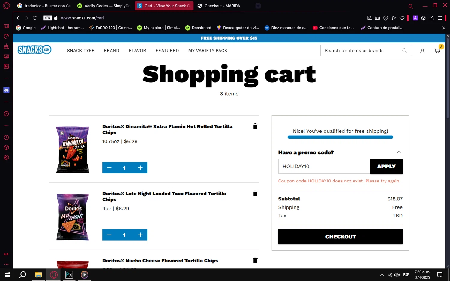 Snacks.com promo code screenshot showing code HOLIDAY10 applied at Snacks.com checkout page. Uploaded by SimplyCodes community member PrimeVirtuoso9679 on Apr 3, 2025