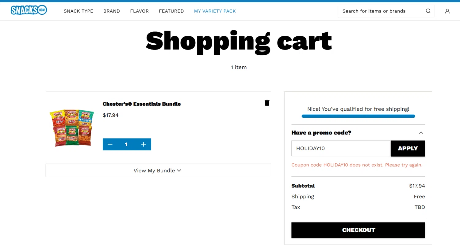 Snacks.com promo code screenshot showing code HOLIDAY10 applied at Snacks.com checkout page. Uploaded by SimplyCodes community member CleverVirtuoso5654 on Apr 3, 2025