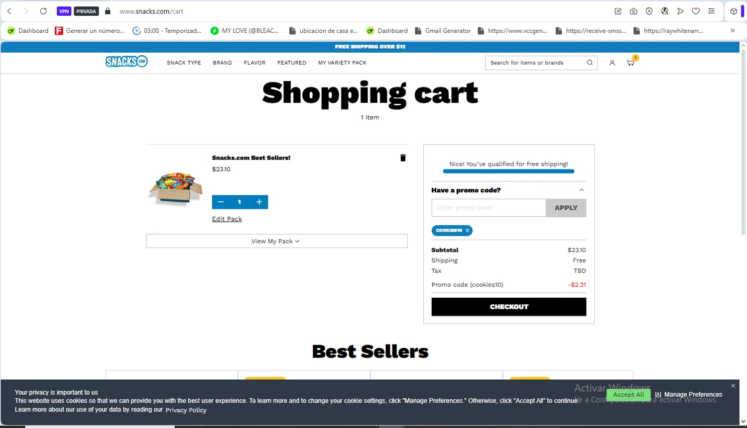 Snacks.com promo code screenshot showing code cookies10 applied at Snacks.com checkout page. Uploaded by SimplyCodes community member Francisco01 on Jan 10, 2026