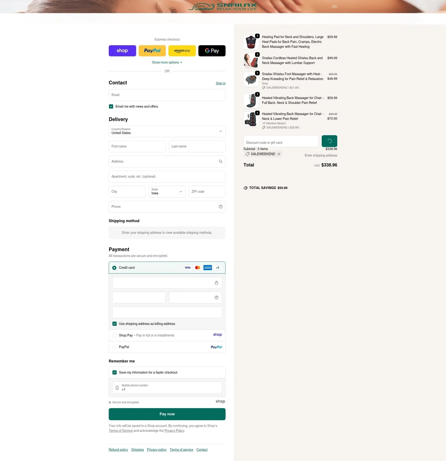 Snailax promo code screenshot showing code SALEWEEKEND applied at Snailax checkout page. Uploaded by SimplyCodes community member LOgoter on Jan 5, 2026