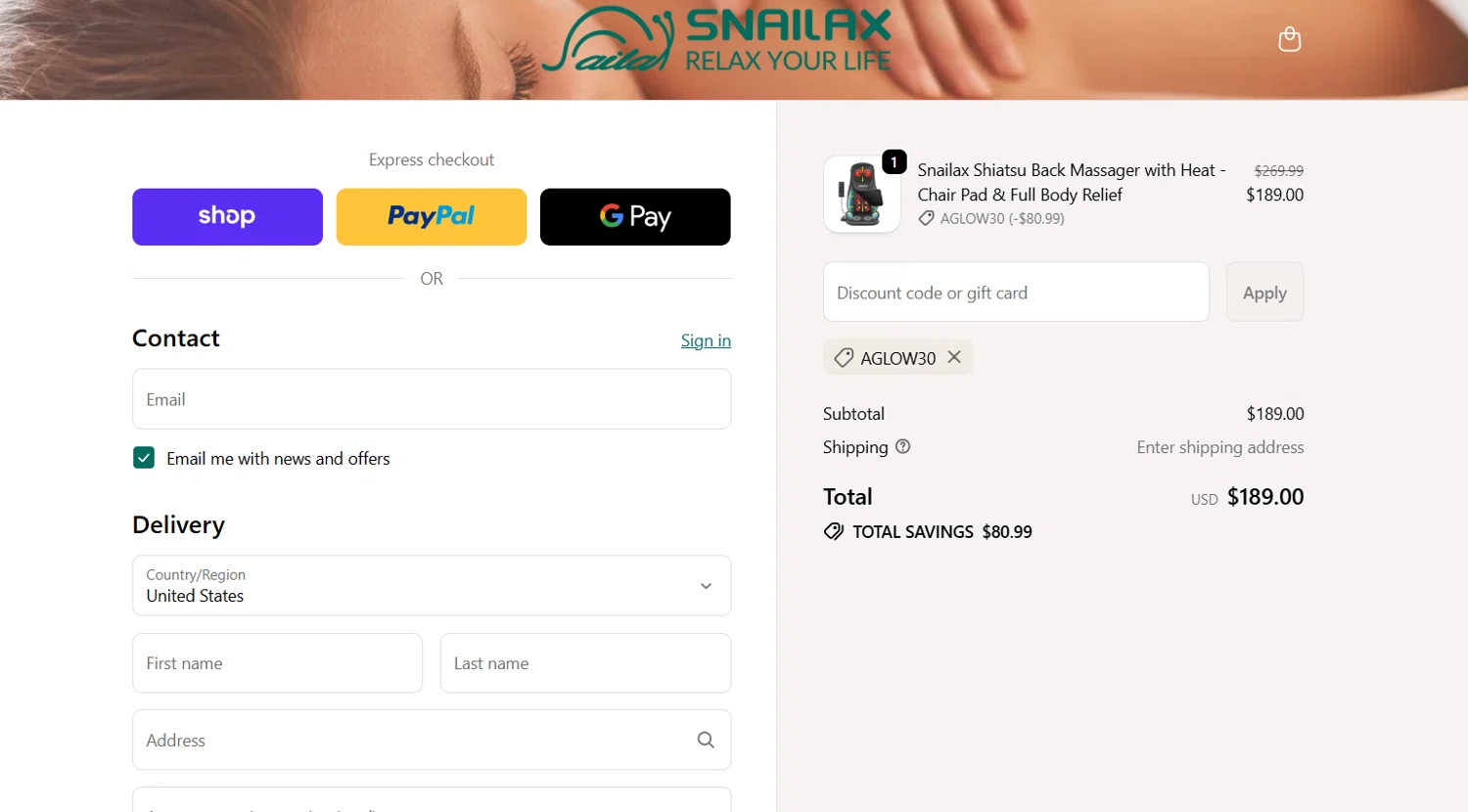 Snailax promo code screenshot showing code AGLOW30 applied at Snailax checkout page. Uploaded by SimplyCodes community member SwiftSpotter945 on Feb 1, 2026