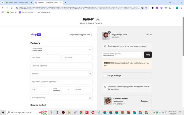 Snake River Farms checkout page showing Snake River Farms promo code box | Screenshot taken by SimplyCodes community member on Aug 21, 2025