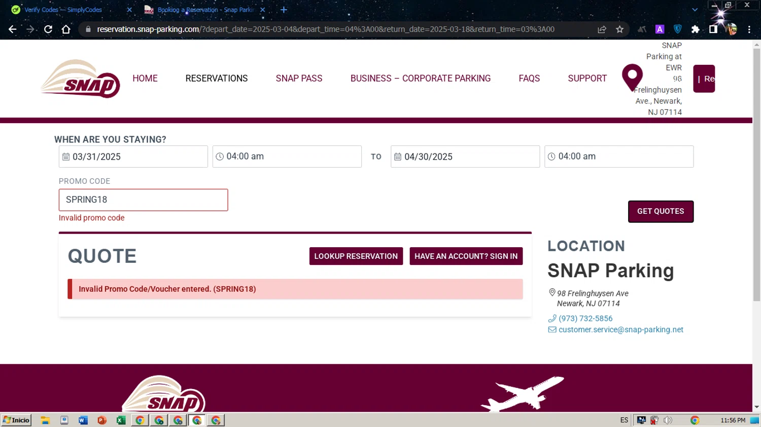 SNAP Parking promo code screenshot showing code SPRING18 applied at SNAP Parking checkout page. Uploaded by SimplyCodes community member Simplycodes_ on Mar 15, 2025