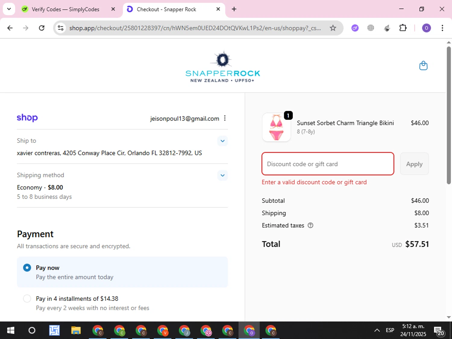 Snapper Rock discount code screenshot showing code THANKS applied at Snapper Rock checkout page. Uploaded by SimplyCodes community member CleverLynx8245 on Nov 24, 2025
