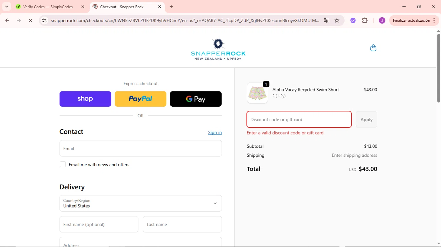 Snapper Rock discount code screenshot showing code THANKS applied at Snapper Rock checkout page. Uploaded by SimplyCodes community member NobleSaver3560 on Nov 24, 2025