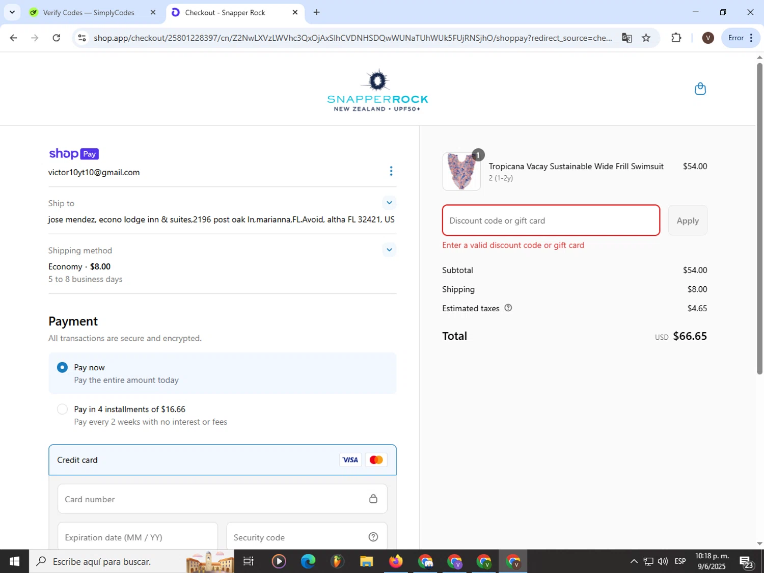 Snapper Rock discount code screenshot showing code DONTFRY applied at Snapper Rock checkout page. Uploaded by SimplyCodes community member CashLion3448 on Jun 10, 2025