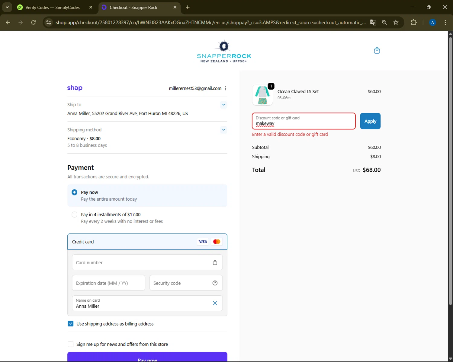 Snapper Rock discount code screenshot showing code makeway applied at Snapper Rock checkout page. Uploaded by SimplyCodes community member ShrewdMaestro6940 on Oct 2, 2025