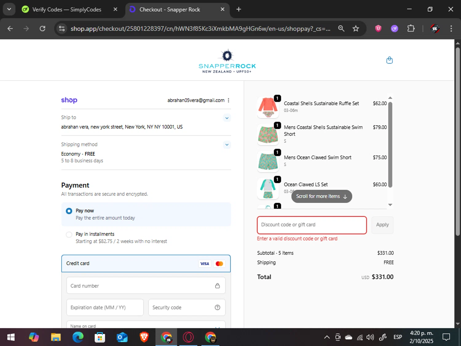 Snapper Rock discount code screenshot showing code makeway applied at Snapper Rock checkout page. Uploaded by SimplyCodes community member TreasureAdmiral6867 on Oct 2, 2025