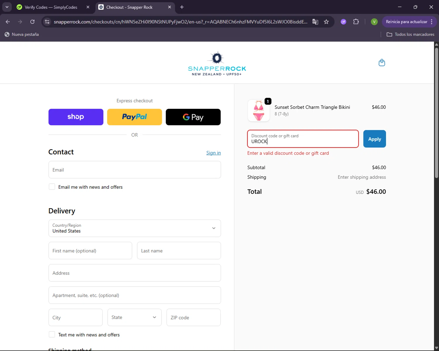Snapper Rock discount code screenshot showing code UROCK applied at Snapper Rock checkout page. Uploaded by SimplyCodes community member CleverNavigator1236 on Nov 24, 2025