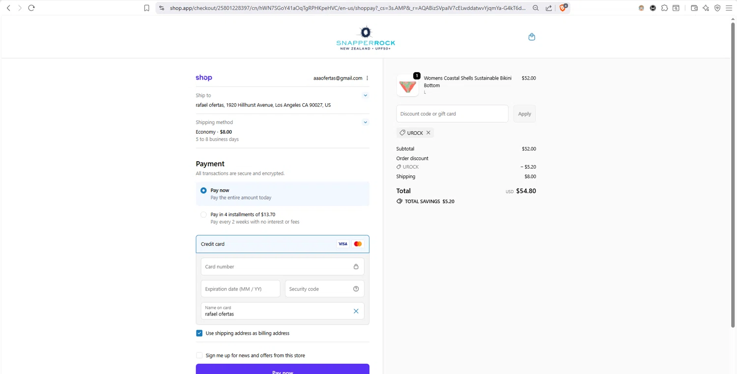 Snapper Rock checkout page showing Snapper Rock discount code box | Screenshot taken by SimplyCodes community member on Jan 10, 2026