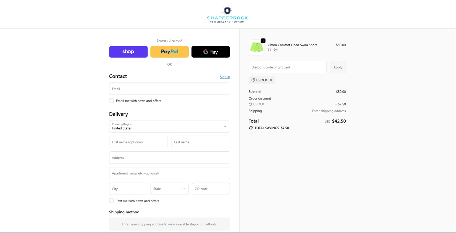 Snapper Rock discount code screenshot showing code UROCK applied at Snapper Rock checkout page. Uploaded by SimplyCodes community member STEVE20 on Oct 2, 2025