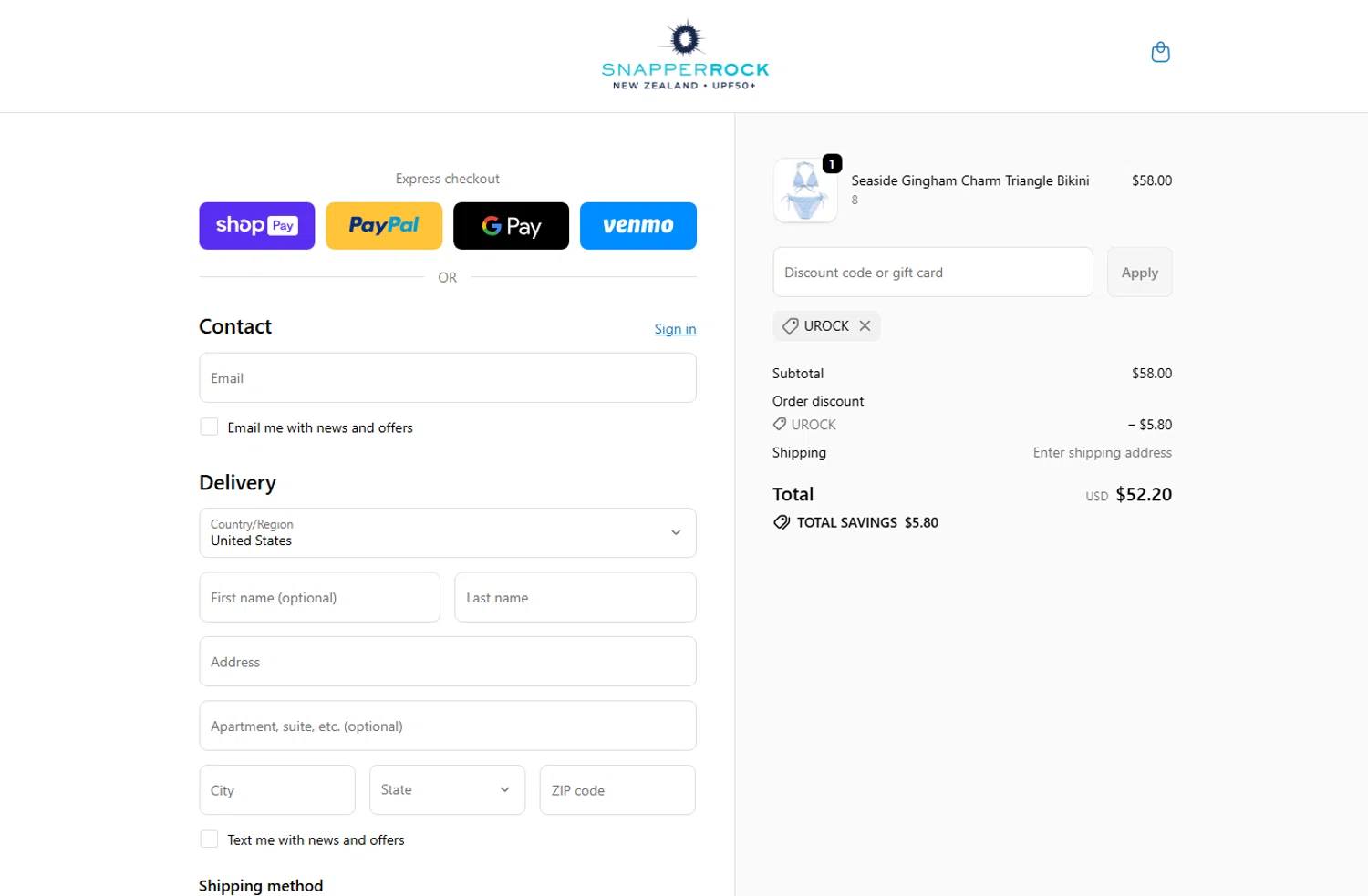 Snapper Rock checkout page showing Snapper Rock discount code box | Screenshot taken by SimplyCodes community member on Jan 12, 2026