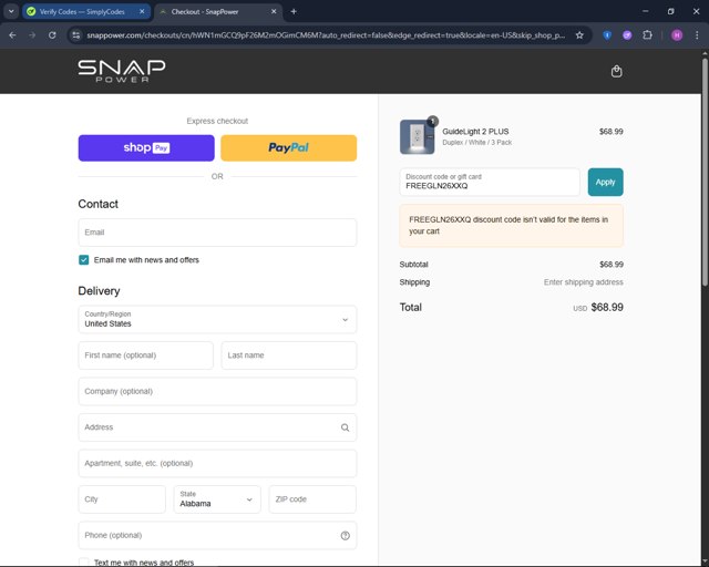 SnapPower checkout page showing SnapPower discount code box | Screenshot taken by SimplyCodes community member on Aug 14, 2025