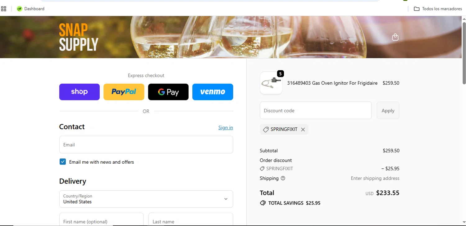 Snap Supply promo code screenshot showing code SPRINGFIXIT applied at Snap Supply checkout page. Uploaded by SimplyCodes community member Speedy on May 19, 2026