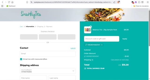 Snarky Tea checkout page showing Snarky Tea discount code box | Screenshot taken by SimplyCodes community member on Aug 30, 2025