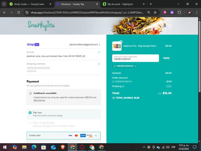 Snarky Tea checkout page showing Snarky Tea discount code box | Screenshot taken by SimplyCodes community member on Aug 25, 2025