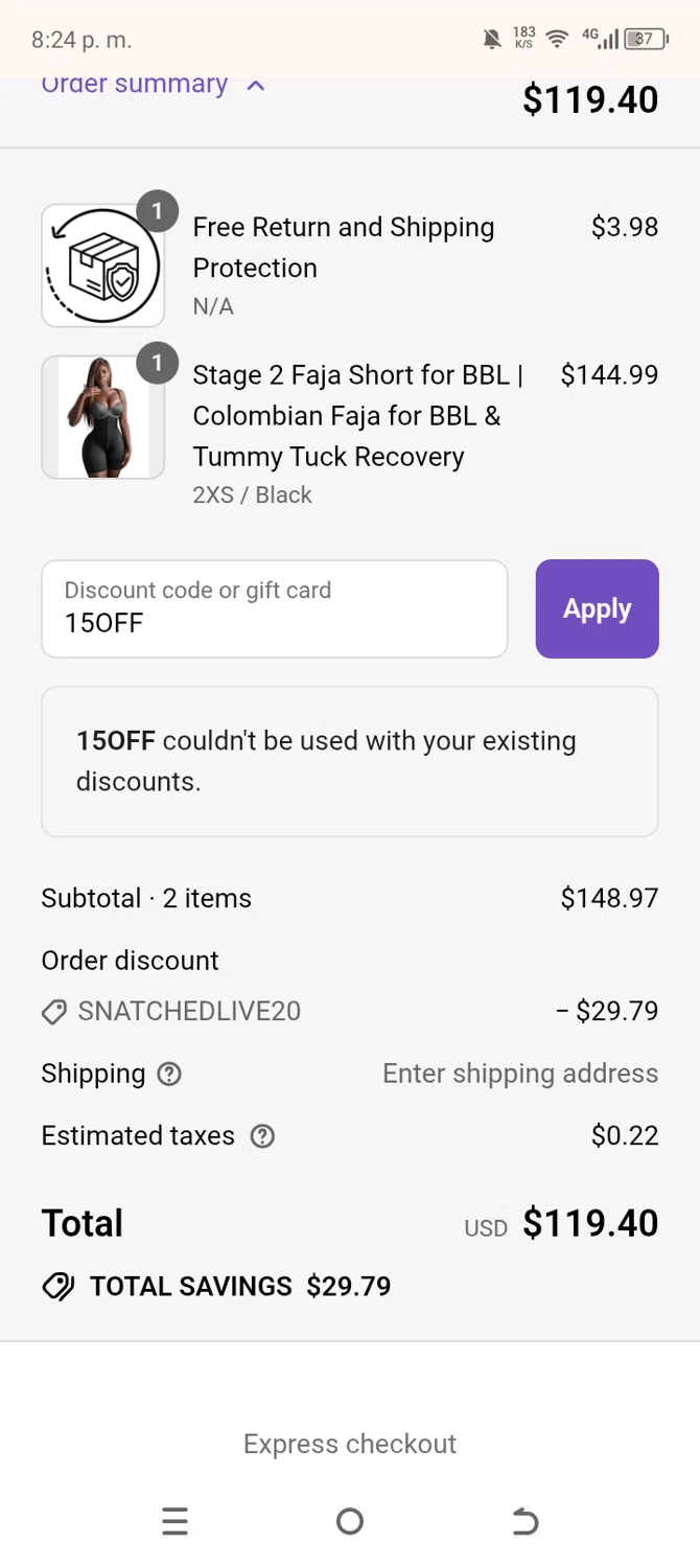 Snatched body promo code screenshot showing code 15OFF applied at Snatched body checkout page. Uploaded by SimplyCodes community member SavingsLegend7908 on Aug 30, 2025