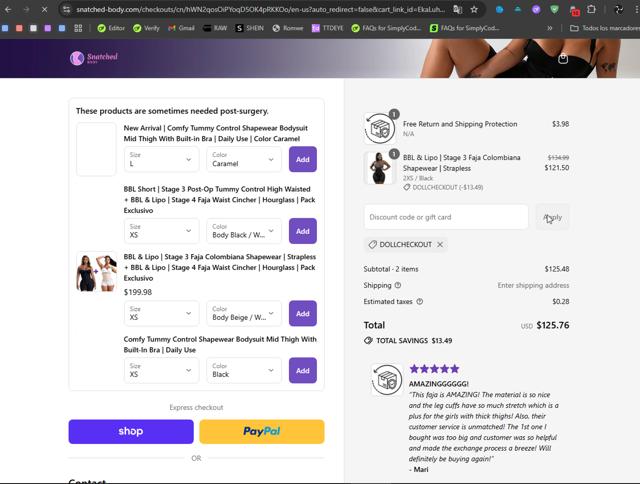 Snatched body checkout page showing Snatched body discount code box | Screenshot taken by SimplyCodes community member on Sep 11, 2025