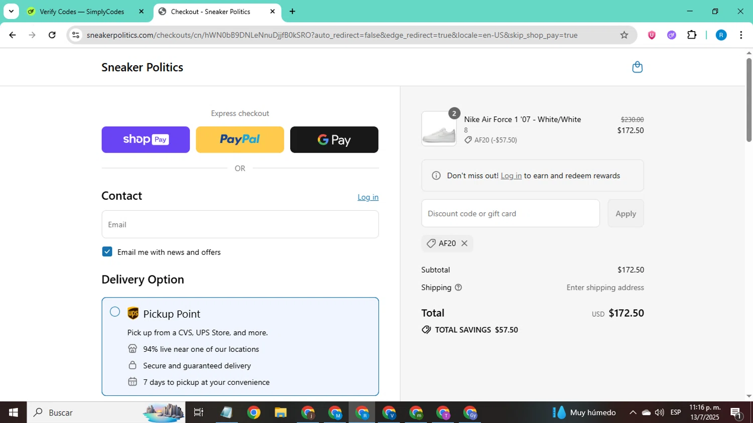 Sneaker Politics discount code screenshot showing code AF20 applied at Sneaker Politics checkout page. Uploaded by SimplyCodes community member CodeShopper8605 on Jul 14, 2025