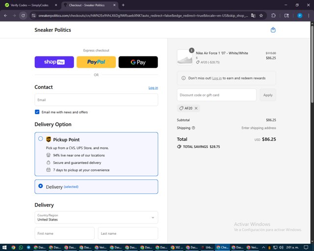 Sneaker Politics checkout page showing Sneaker Politics discount code box | Screenshot taken by SimplyCodes community member on Aug 26, 2025