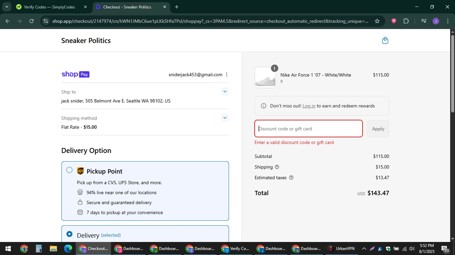 Sneaker Politics discount code screenshot showing code AF25 applied at Sneaker Politics checkout page. Uploaded by SimplyCodes community member sniderjack453 on Aug 1, 2025
