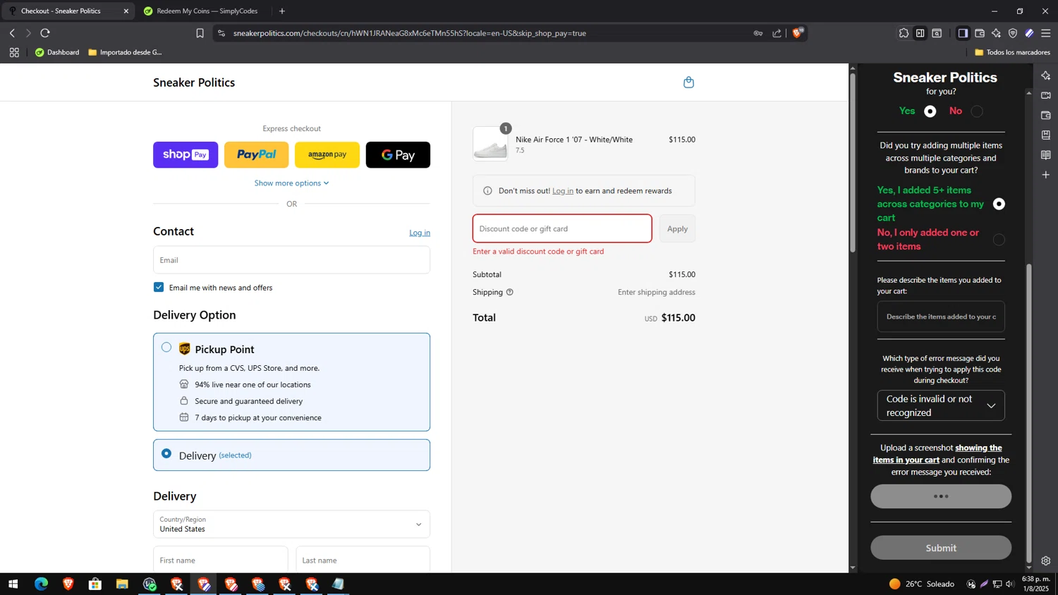 Sneaker Politics discount code screenshot showing code AF25 applied at Sneaker Politics checkout page. Uploaded by SimplyCodes community member yesenia on Aug 1, 2025