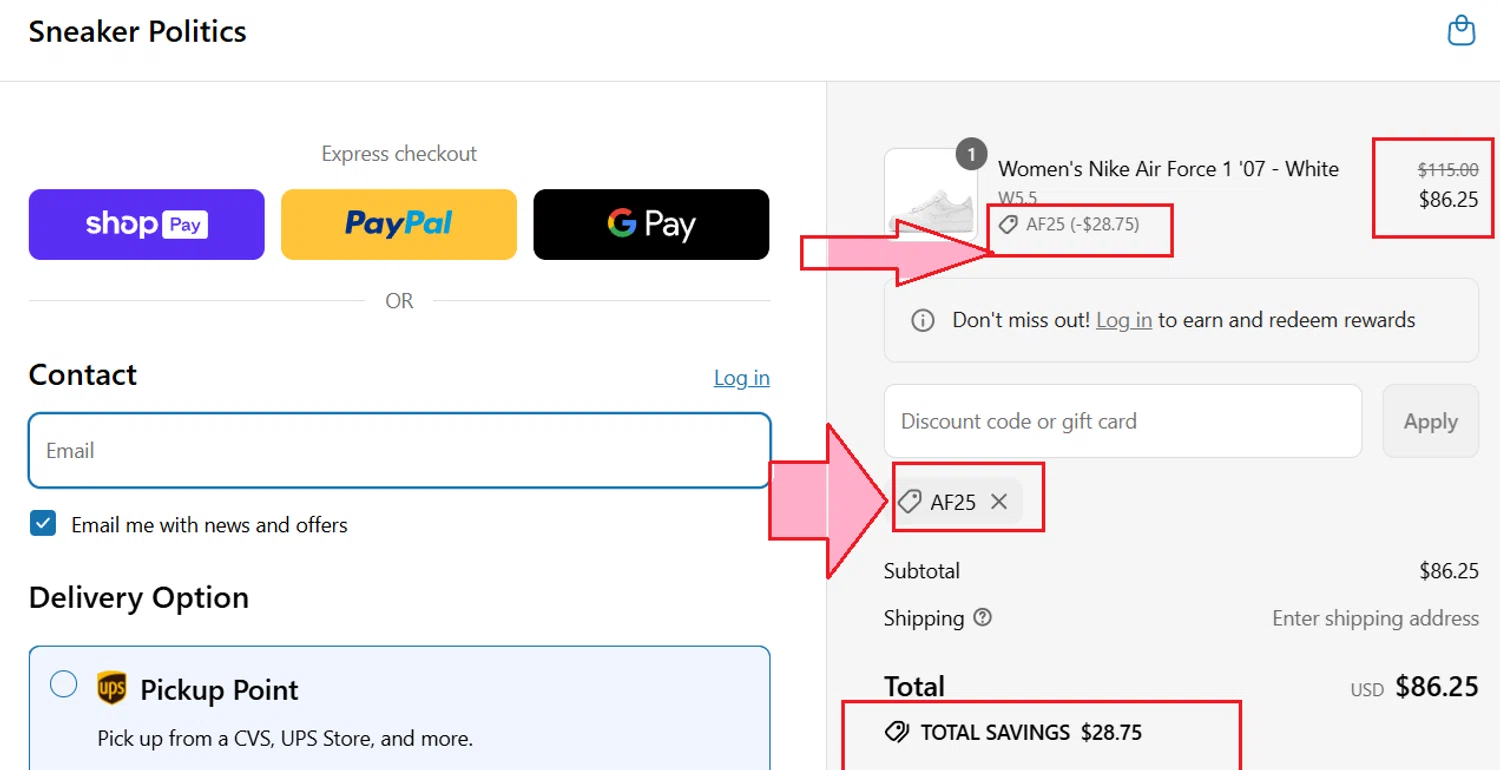 Sneaker Politics discount code screenshot showing code AF25 applied at Sneaker Politics checkout page. Uploaded by SimplyCodes community member kattylar on Aug 8, 2025