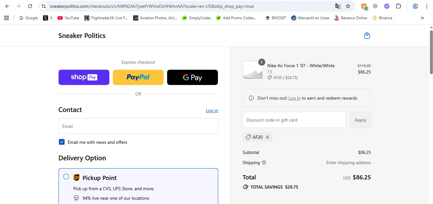 Sneaker Politics discount code screenshot showing code AF20 applied at Sneaker Politics checkout page. Uploaded by SimplyCodes community member victor on Aug 24, 2025