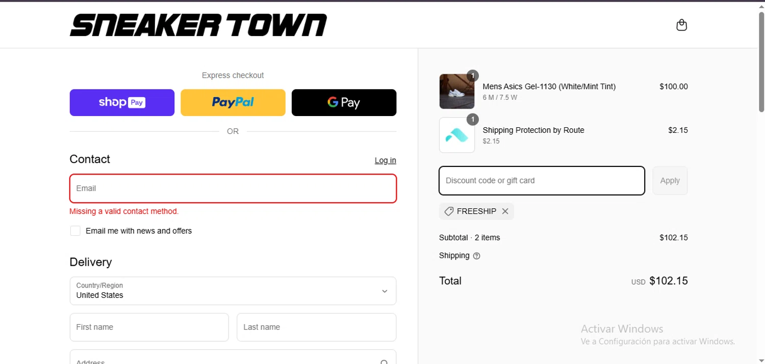 SNEAKER TOWN discount code screenshot showing code FREESHIP applied at SNEAKER TOWN checkout page. Uploaded by SimplyCodes community member Carlosramirez09 on Mar 17, 2025