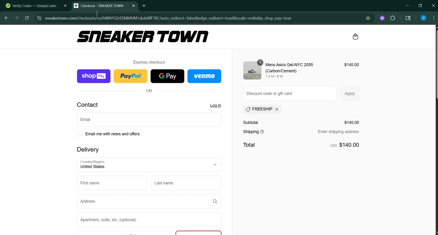 SNEAKER TOWN discount code screenshot showing code FREESHIP applied at SNEAKER TOWN checkout page. Uploaded by SimplyCodes community member RoyalSage9159 on Aug 4, 2025