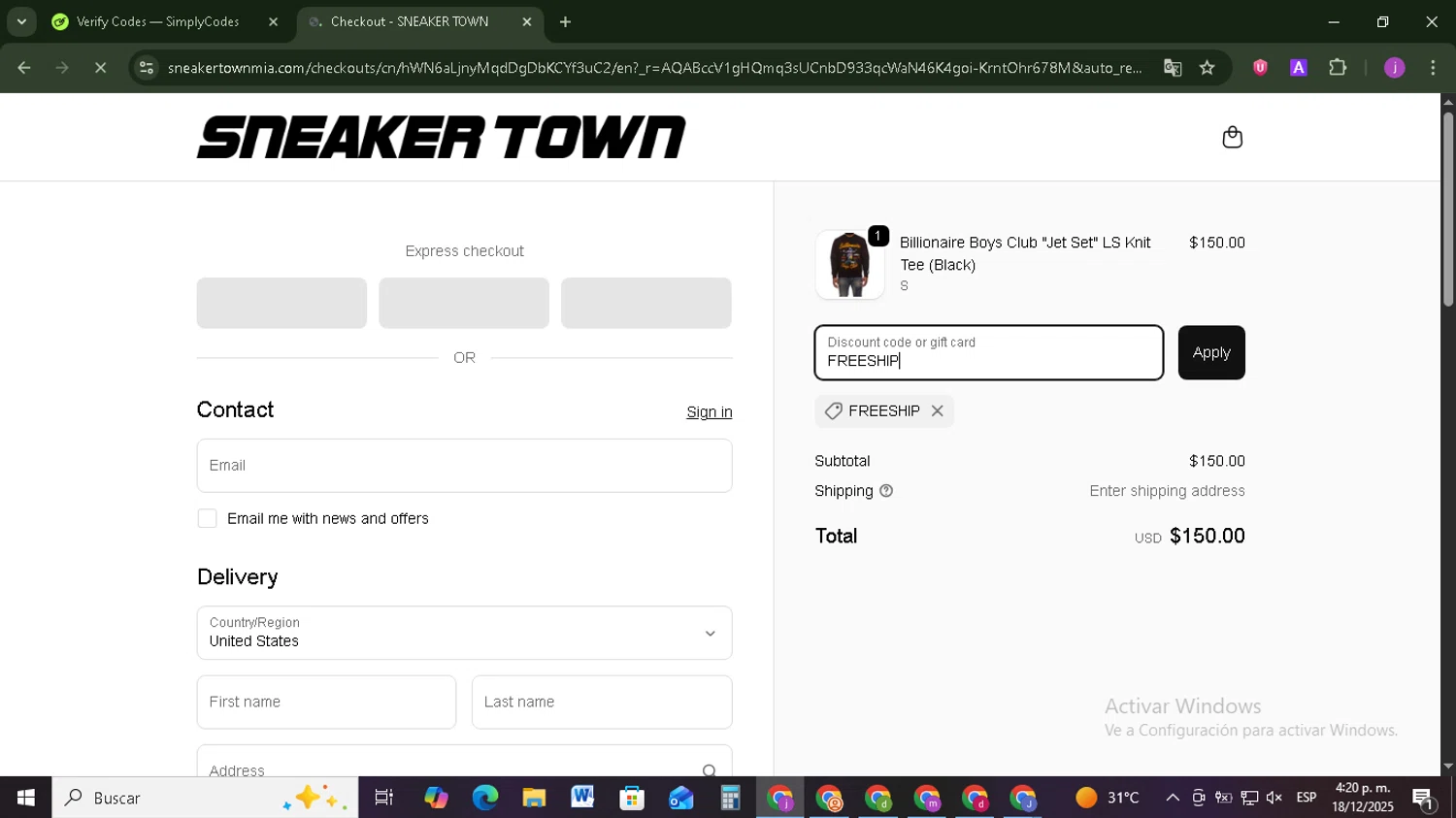 SNEAKER TOWN discount code screenshot showing code FREESHIP applied at SNEAKER TOWN checkout page. Uploaded by SimplyCodes community member Tazbravo on Dec 18, 2025