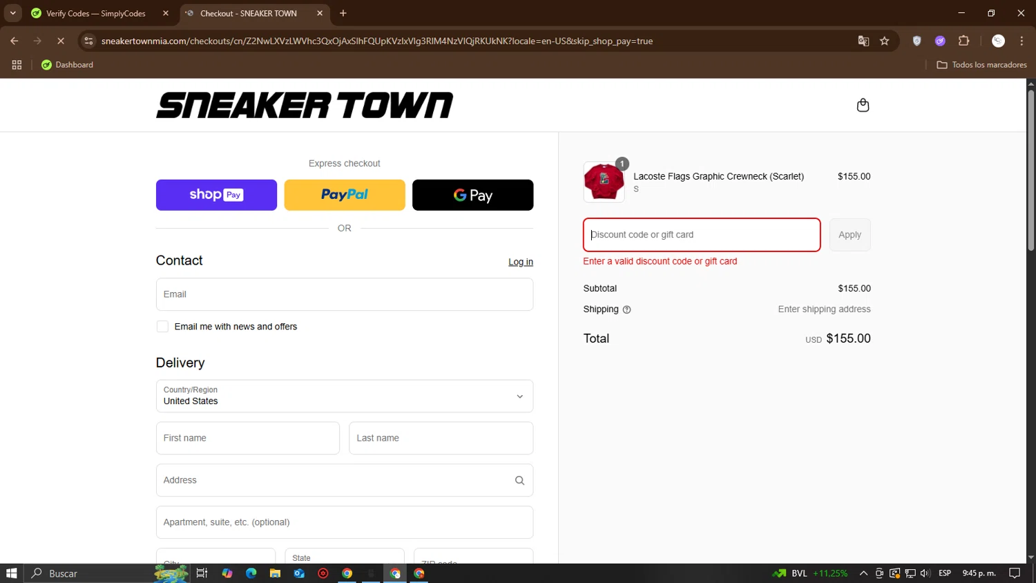 SNEAKER TOWN discount code screenshot showing code STFAM15 applied at SNEAKER TOWN checkout page. Uploaded by SimplyCodes community member ScanSage643 on Jun 11, 2025