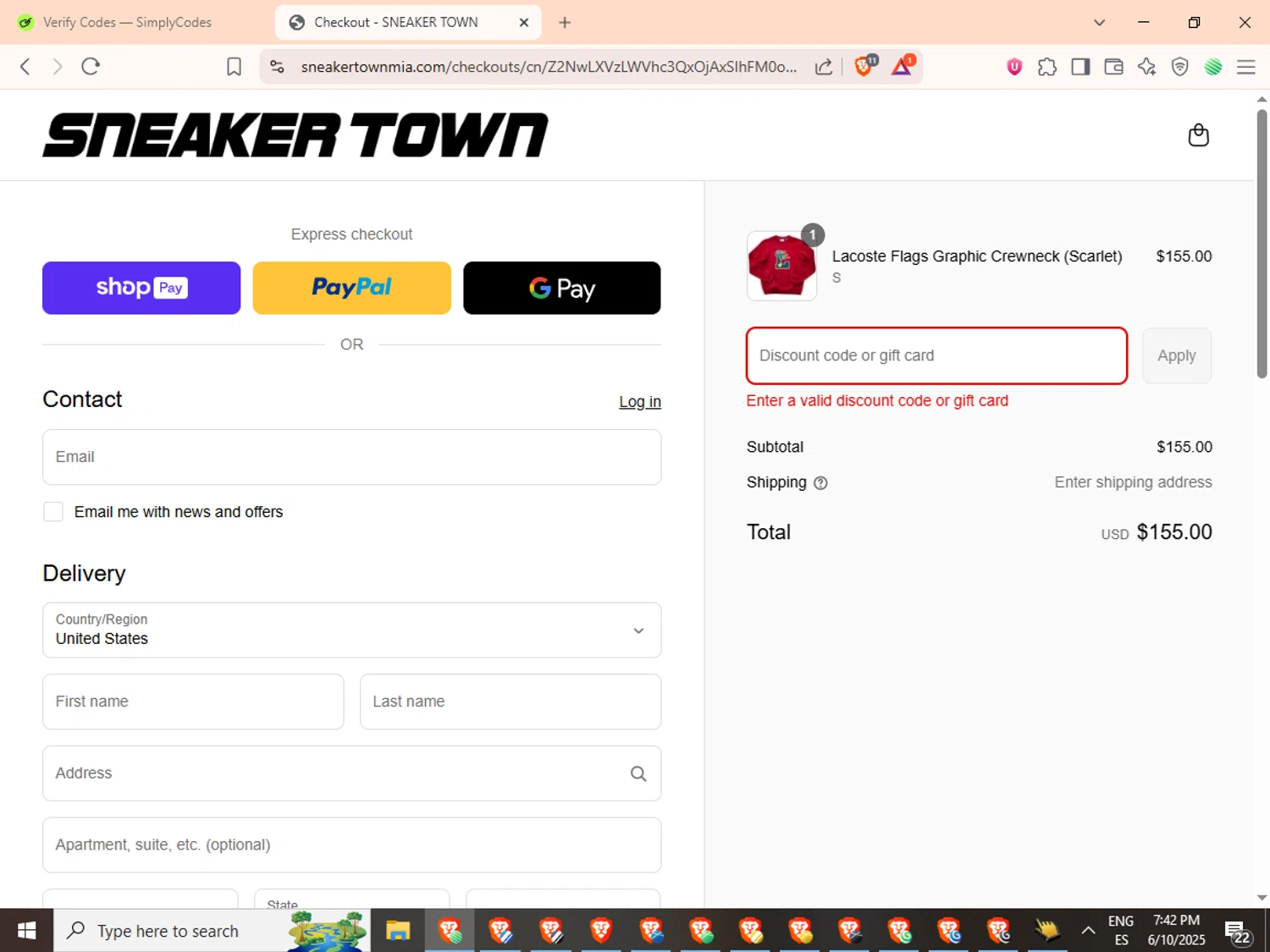 SNEAKER TOWN discount code screenshot showing code STFAM15 applied at SNEAKER TOWN checkout page. Uploaded by SimplyCodes community member SwiftMaverick5973 on Jun 10, 2025