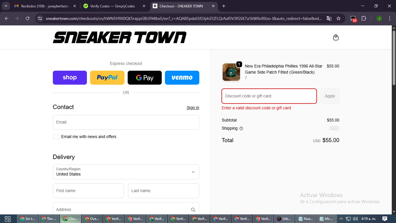 SNEAKER TOWN discount code screenshot showing code FINAL25 applied at SNEAKER TOWN checkout page. Uploaded by SimplyCodes community member SmartLion6646 on Nov 14, 2025