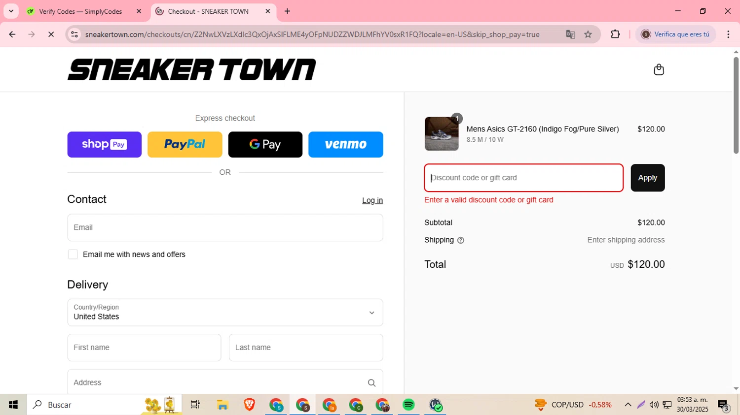 SNEAKER TOWN discount code screenshot showing code EXTRA15 applied at SNEAKER TOWN checkout page. Uploaded by SimplyCodes community member DiscountDefender1226 on Mar 30, 2025