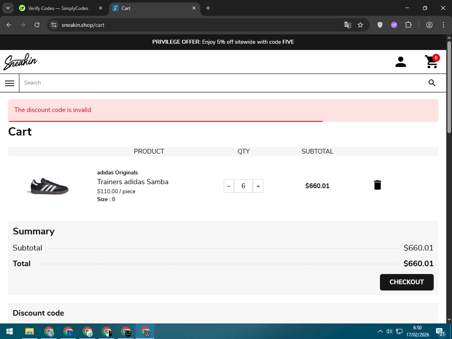 Sneakin discount code screenshot showing code 5more applied at Sneakin checkout page. Uploaded by SimplyCodes community member Elwao0213 on Feb 17, 2026