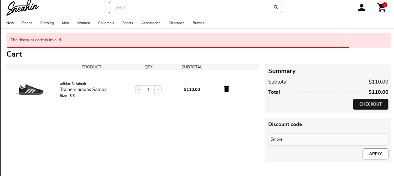 Sneakin checkout page showing Sneakin discount code box | Screenshot taken by SimplyCodes community member on Feb 17, 2026